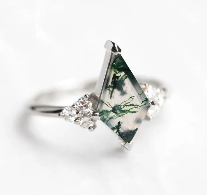 Dawn Moss Agate Ring with Accent Diamonds Capucinne Rings