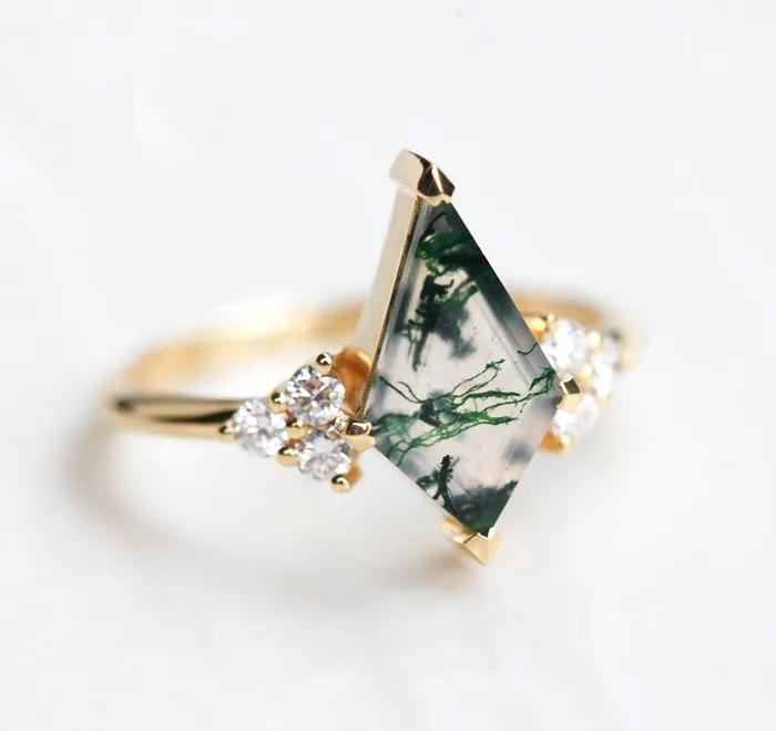 Dawn Moss Agate Ring with Accent Diamonds Capucinne Rings