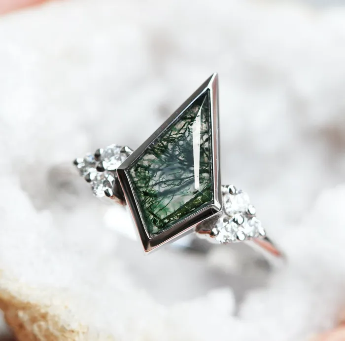 Dawn Moss Agate Ring with Accent Diamonds Capucinne Rings