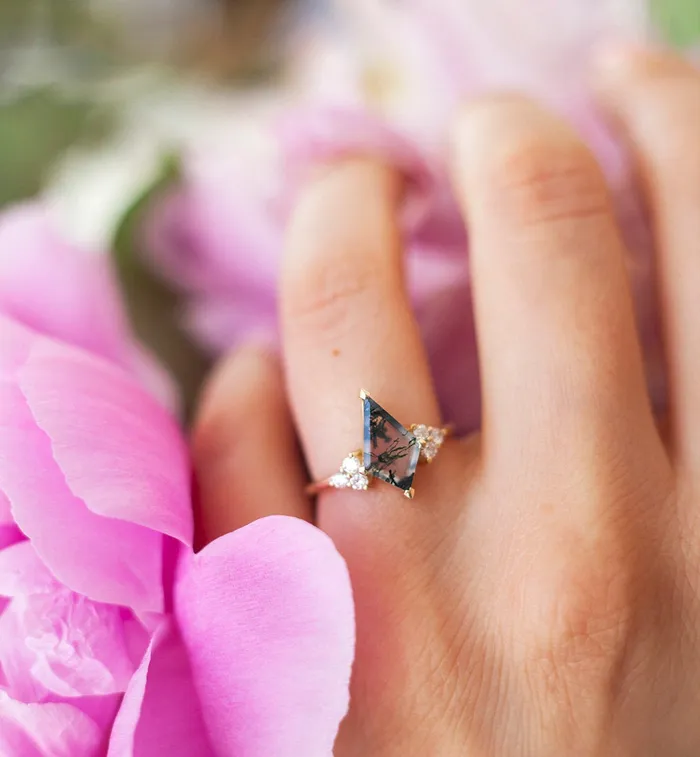 Dawn Moss Agate Ring with Accent Diamonds Capucinne Rings