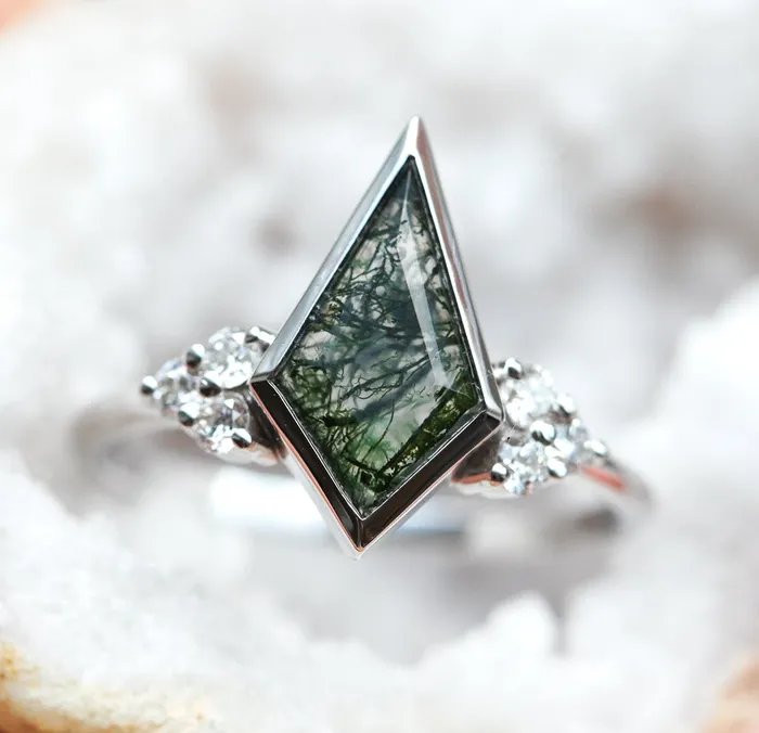 Dawn Moss Agate Ring with Accent Diamonds Capucinne Rings