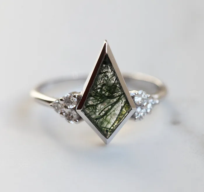 Dawn Moss Agate Ring with Accent Diamonds Capucinne Rings