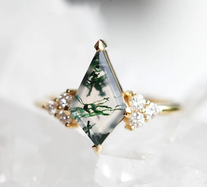Dawn Moss Agate Ring with Accent Diamonds Capucinne Rings