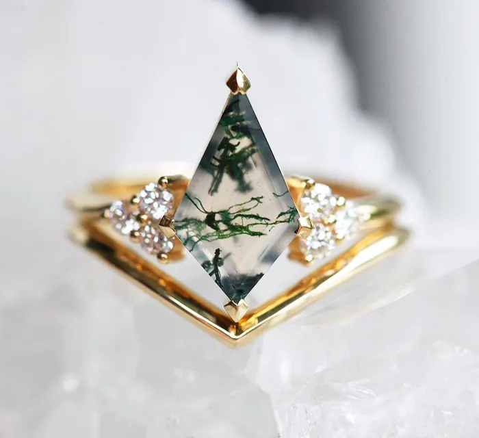 Dawn Moss Agate Ring with Accent Diamonds Capucinne Rings