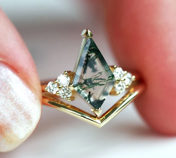 Dawn Moss Agate Ring with Accent Diamonds Capucinne Rings