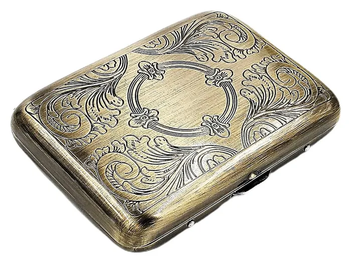 Dropshipped via Social Commerce Network Rings Classic Metallic Silver Color Double Sided King Cigarette Case Etched Design Shorter than 100s Antique Brass Dropshipped via Social Commerce Network Rings Classic Metallic Silver Color Double Sided King Cigarette Case Etched Design Shorter than 100s Antique Brass
