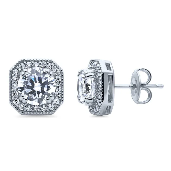 Earrings BERRICLE Halo Vintage Inspired Art Deco CZ Set in Sterling Silver