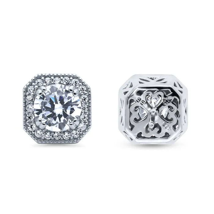 Earrings BERRICLE Halo Vintage Inspired Art Deco CZ Set in Sterling Silver