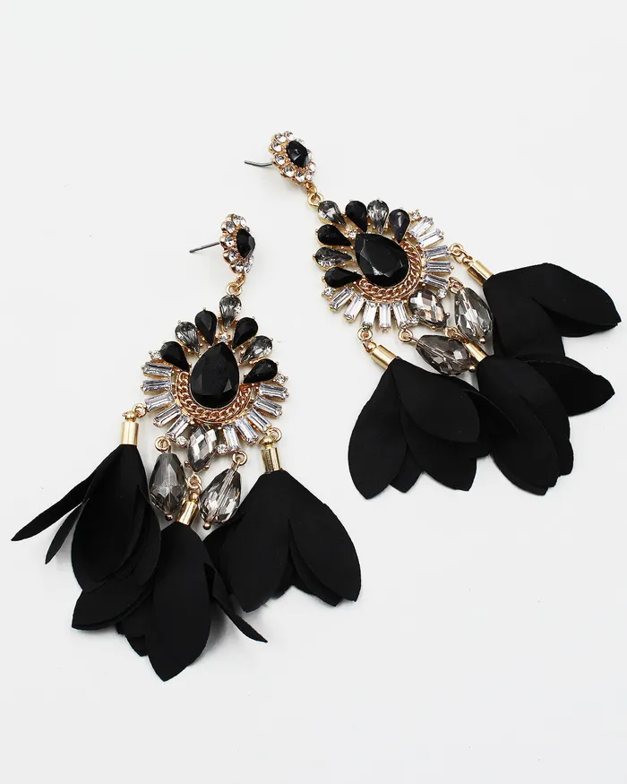 Earrings Crystal Bling Chandelier Earrings with Satin Fringe 071422 Earrings Crystal Bling Chandelier Earrings with Satin Fringe 071422
