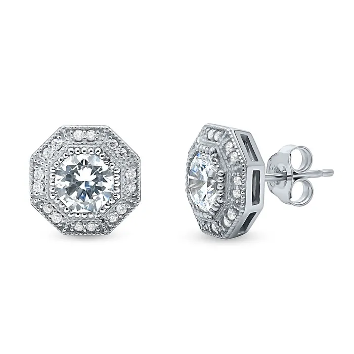 Earrings Halo Milgrain Octagon Sun Cut CZ Stud Earrings in Sterling Silver BERRICLE Earrings Halo Milgrain Octagon Sun Cut CZ Stud Earrings in Sterling Silver BERRICLE