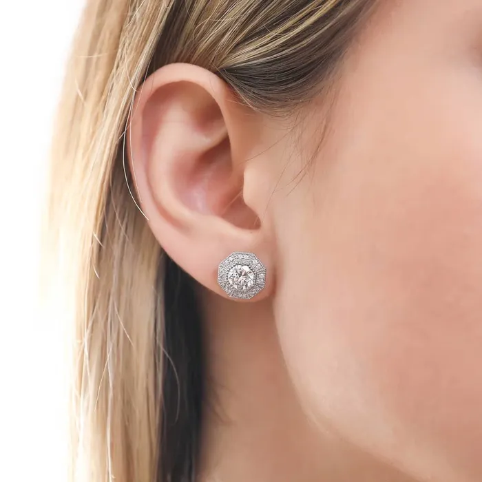 Earrings Halo Milgrain Octagon Sun Cut CZ Stud Earrings in Sterling Silver BERRICLE
