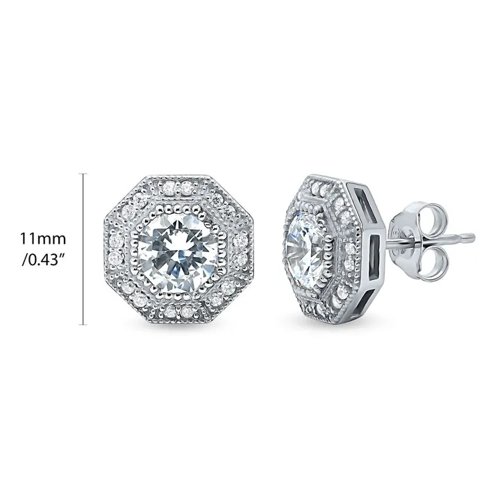 Earrings Halo Milgrain Octagon Sun Cut CZ Stud Earrings in Sterling Silver BERRICLE