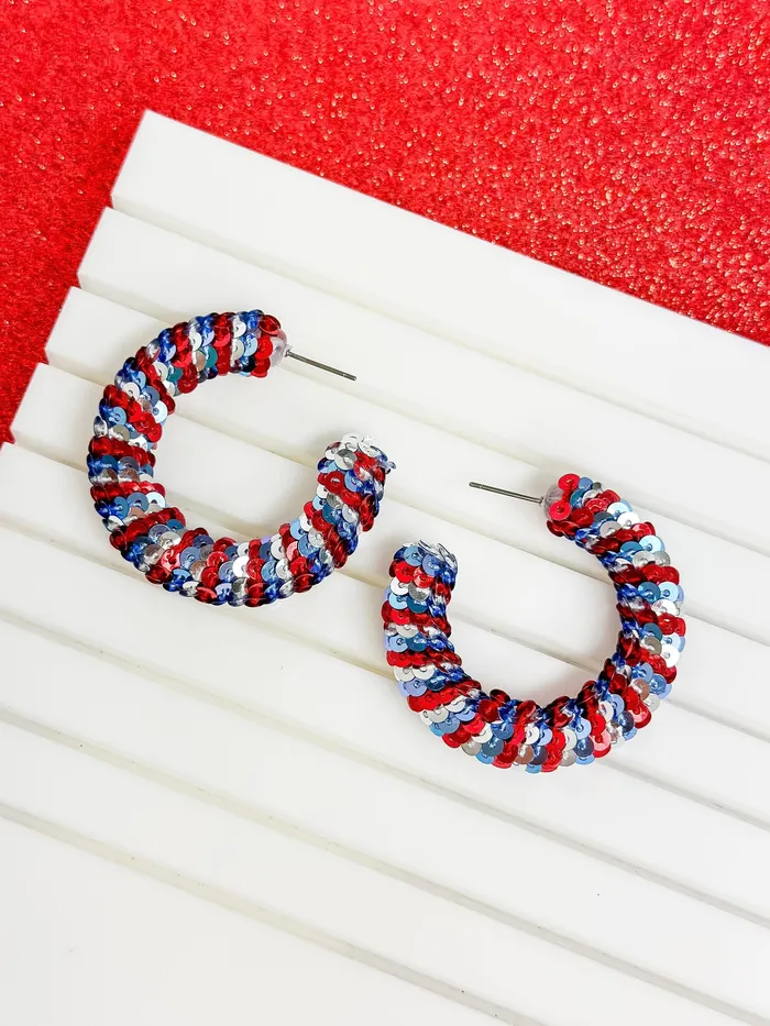 Earrings Prep Obsessed ESS Patriotic Sequin Hoop Earrings