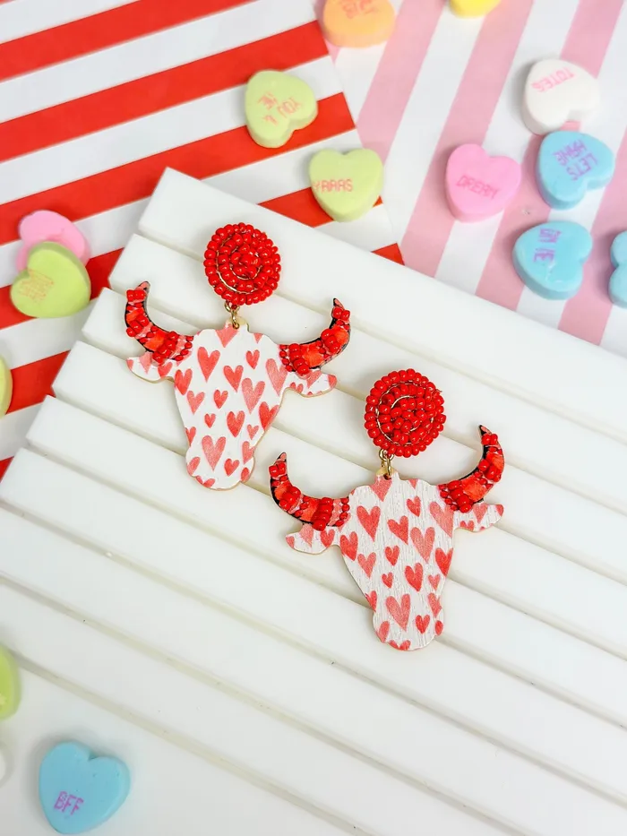Earrings Prep Obsessed PR Heart Printed Long Horn Wood Dangle Earrings
