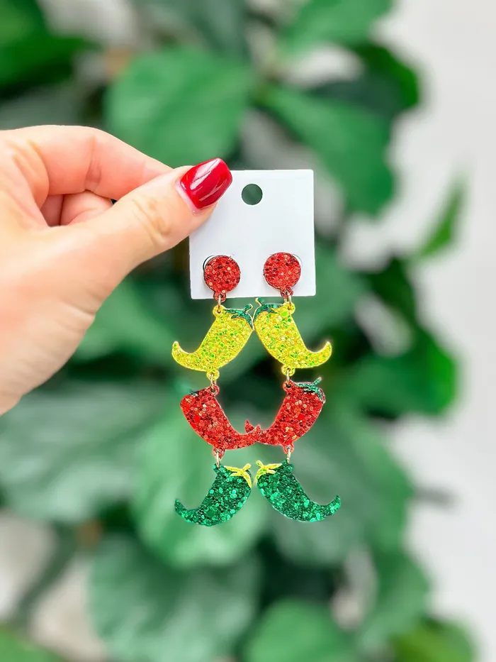 Earrings Prep Obsessed RNK Glitter Chili Pepper Dangle Earrings