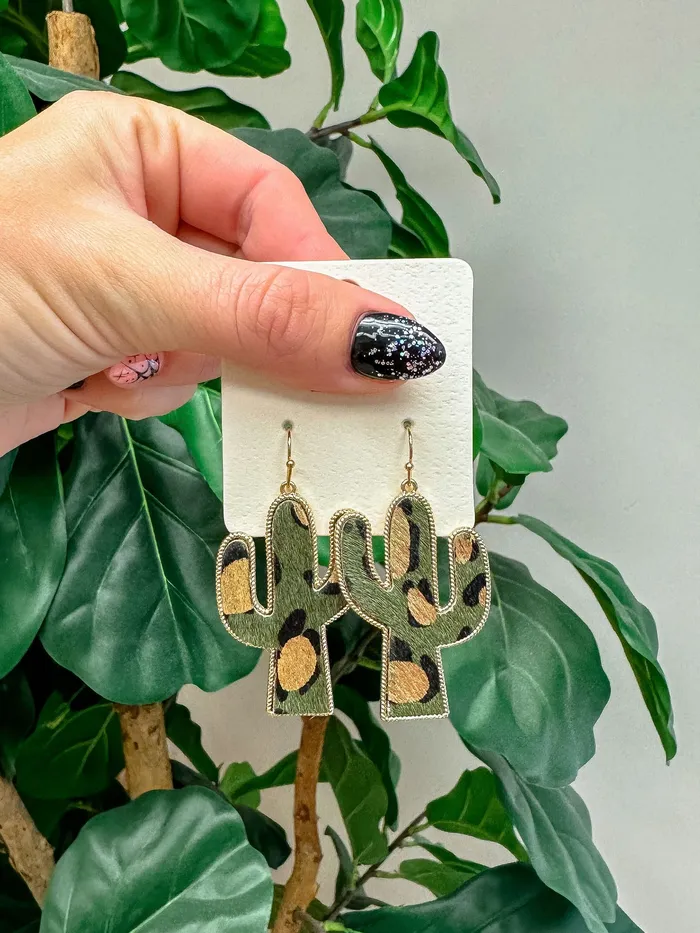 Earrings Prep Obsessed RNK Textured Gold Metallic Cactus Dangle Earrings Dark Green