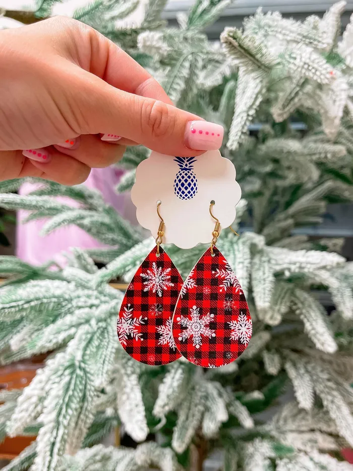 Earrings Prep Obsessed TL Snowflakes Printed Teardrop Dangle Earrings Red Buffalo Check Earrings Prep Obsessed TL Snowflakes Printed Teardrop Dangle Earrings Red Buffalo Check
