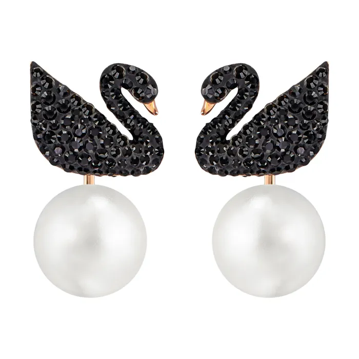 Earrings Swarovski Swarovski Iconic Swan Pierced Earring Jackets Black Rose Gold Plating