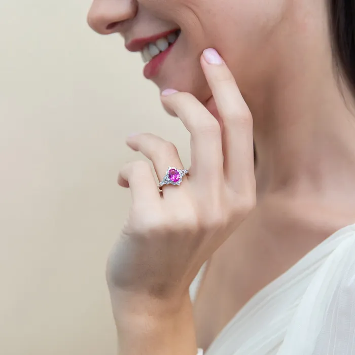 Halo Art Deco Pink Oval CZ Ring in Sterling Silver BERRICLE Rings