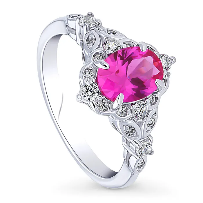 Halo Art Deco Pink Oval CZ Ring in Sterling Silver BERRICLE Rings