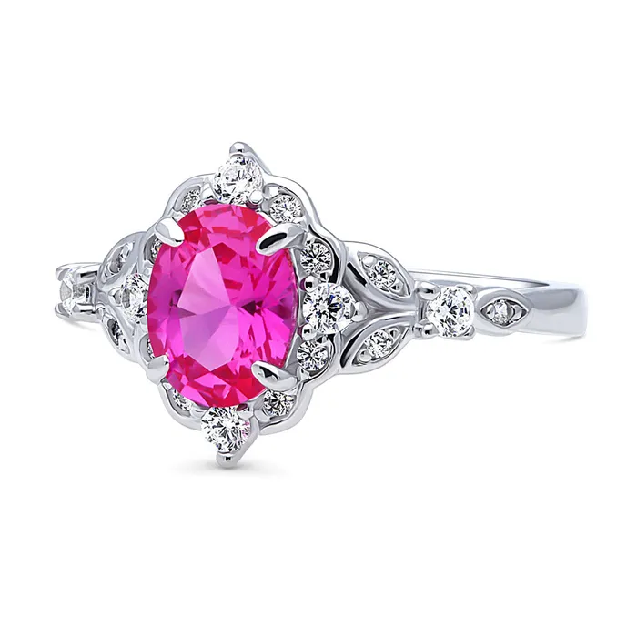 Halo Art Deco Pink Oval CZ Ring in Sterling Silver BERRICLE Rings