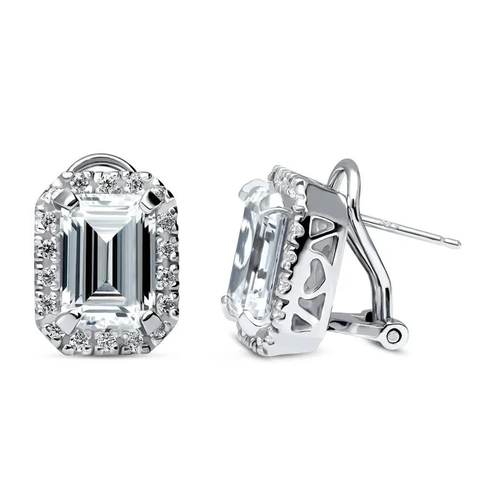 Halo Emerald Cut CZ Omega Back Stud Earrings in Sterling Silver BERRICLE Earrings