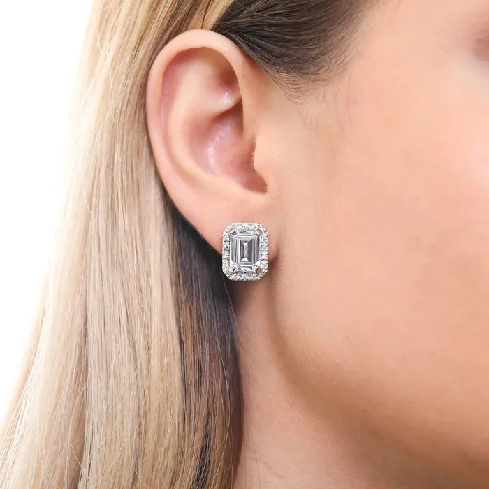 Halo Emerald Cut CZ Omega Back Stud Earrings in Sterling Silver BERRICLE Earrings