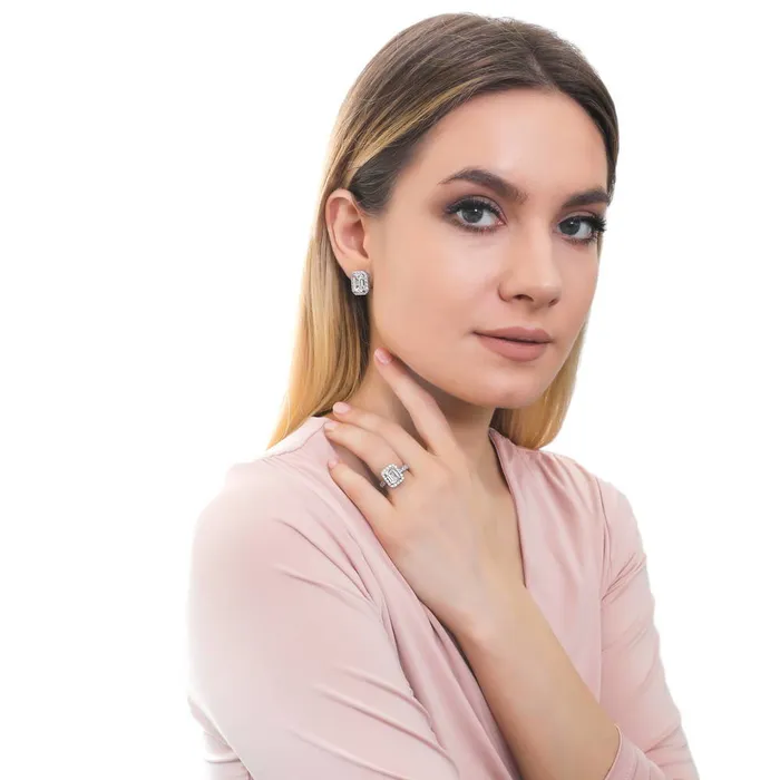 Halo Emerald Cut CZ Omega Back Stud Earrings in Sterling Silver BERRICLE Earrings