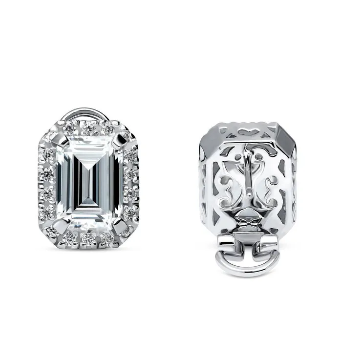 Halo Emerald Cut CZ Omega Back Stud Earrings in Sterling Silver BERRICLE Earrings