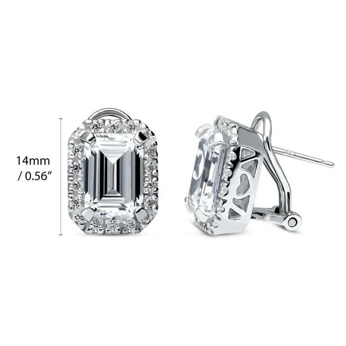 Halo Emerald Cut CZ Omega Back Stud Earrings in Sterling Silver BERRICLE Earrings