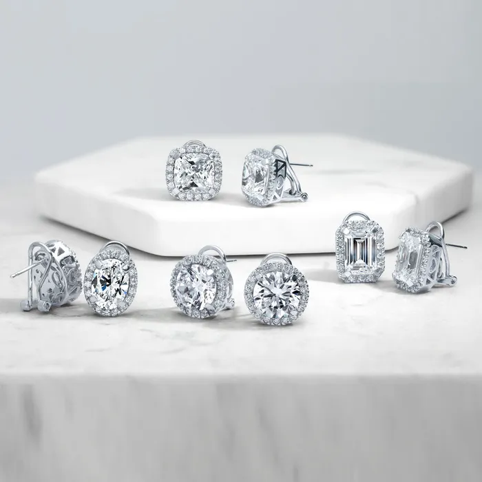 Halo Emerald Cut CZ Omega Back Stud Earrings in Sterling Silver BERRICLE Earrings