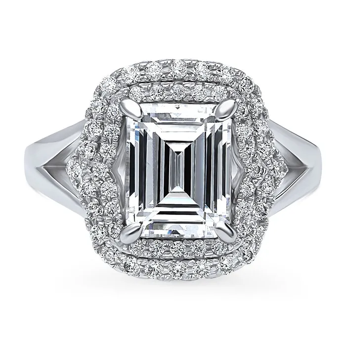 Halo Emerald Cut CZ Split Shank Ring in Sterling Silver BERRICLE Rings