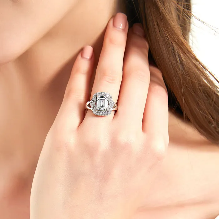 Halo Emerald Cut CZ Split Shank Ring in Sterling Silver BERRICLE Rings