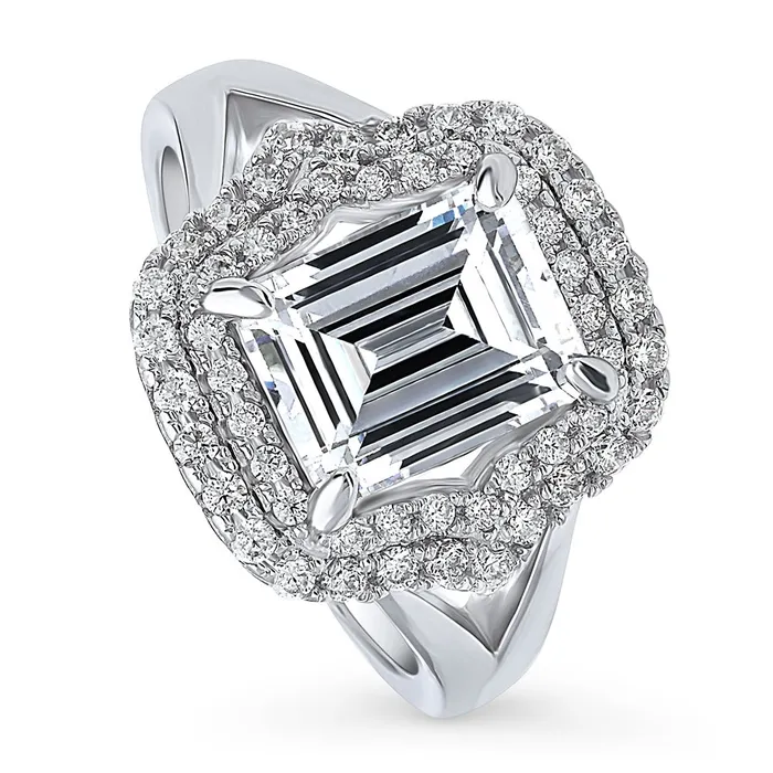 Halo Emerald Cut CZ Split Shank Ring in Sterling Silver BERRICLE Rings