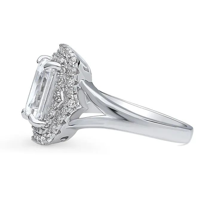 Halo Emerald Cut CZ Split Shank Ring in Sterling Silver BERRICLE Rings