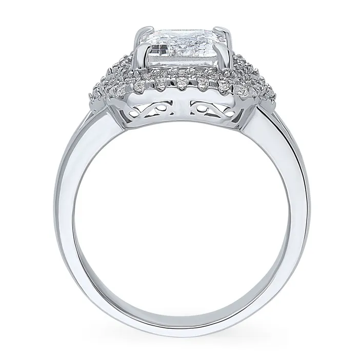 Halo Emerald Cut CZ Split Shank Ring in Sterling Silver BERRICLE Rings