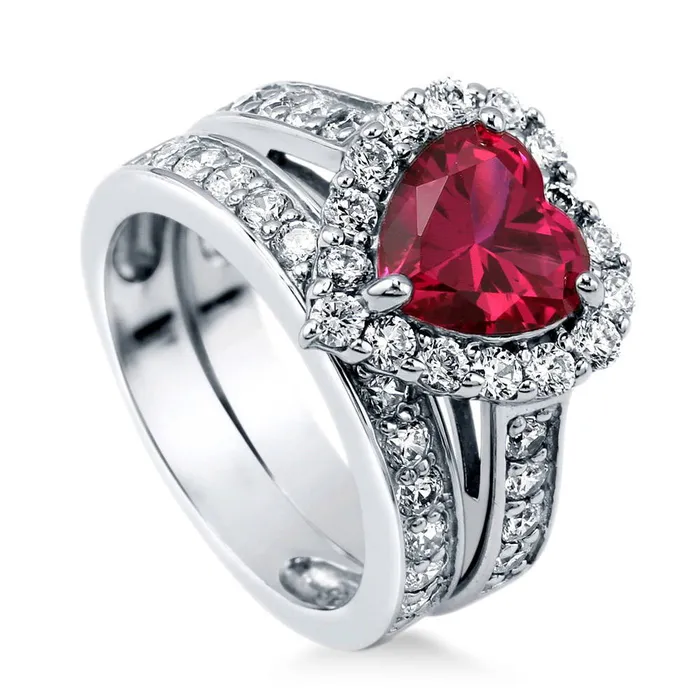 Halo Heart Simulated Ruby Heart CZ Ring Set in Sterling Silver BERRICLE Rings