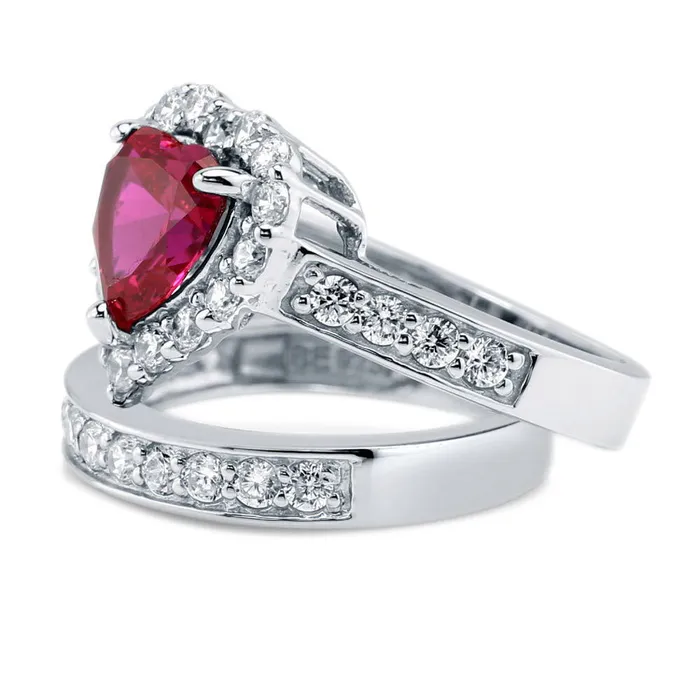 Halo Heart Simulated Ruby Heart CZ Ring Set in Sterling Silver BERRICLE Rings