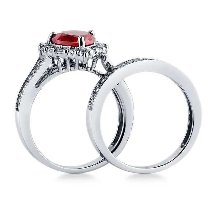 Halo Heart Simulated Ruby Heart CZ Ring Set in Sterling Silver BERRICLE Rings
