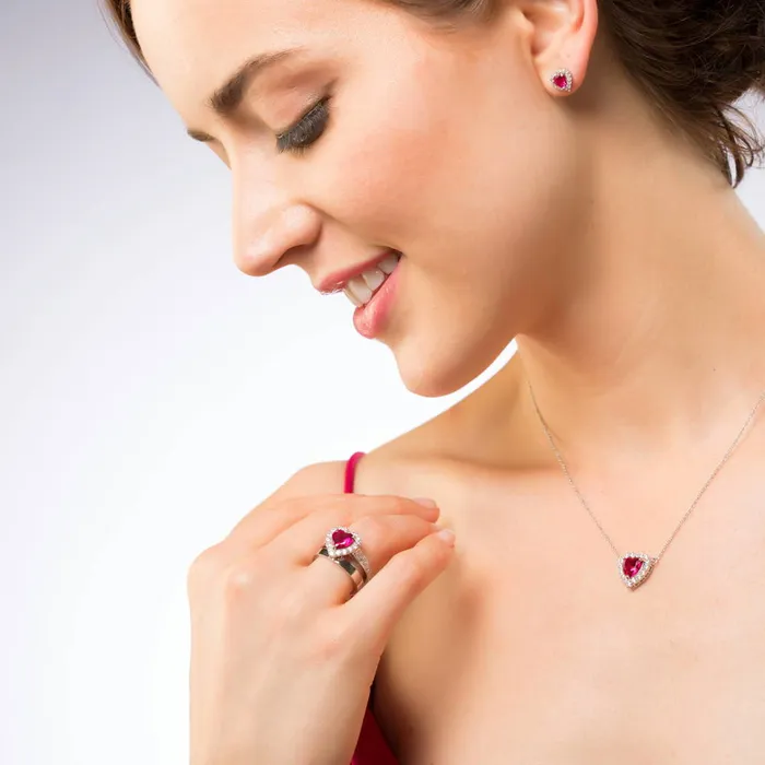 Halo Heart Simulated Ruby Heart CZ Ring Set in Sterling Silver BERRICLE Rings