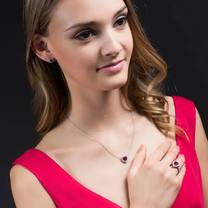 Halo Heart Simulated Ruby Heart CZ Ring Set in Sterling Silver BERRICLE Rings