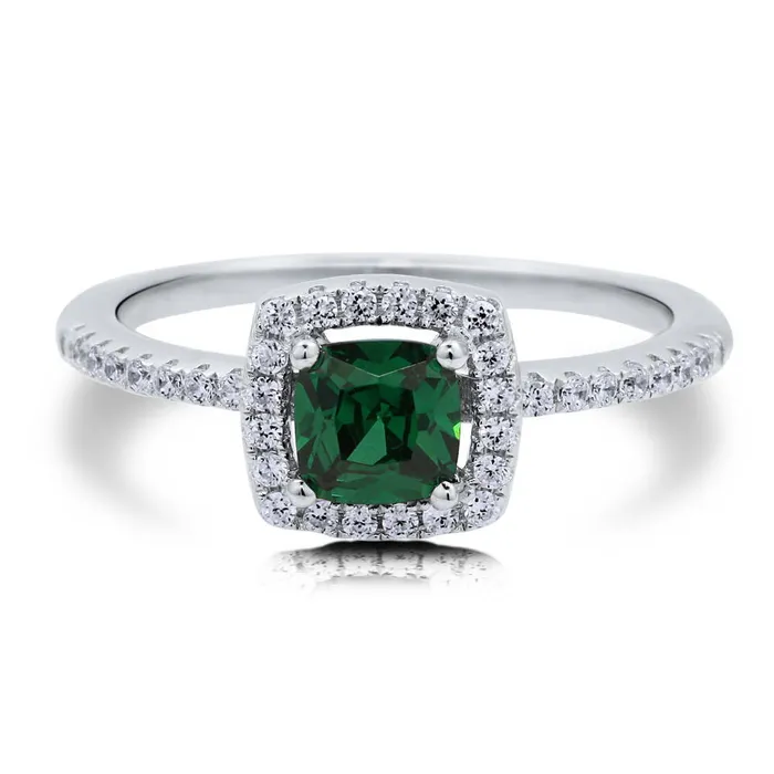 Halo Simulated Emerald Cushion CZ Ring in Sterling Silver BERRICLE Rings