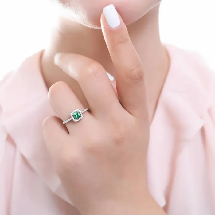 Halo Simulated Emerald Cushion CZ Ring in Sterling Silver BERRICLE Rings