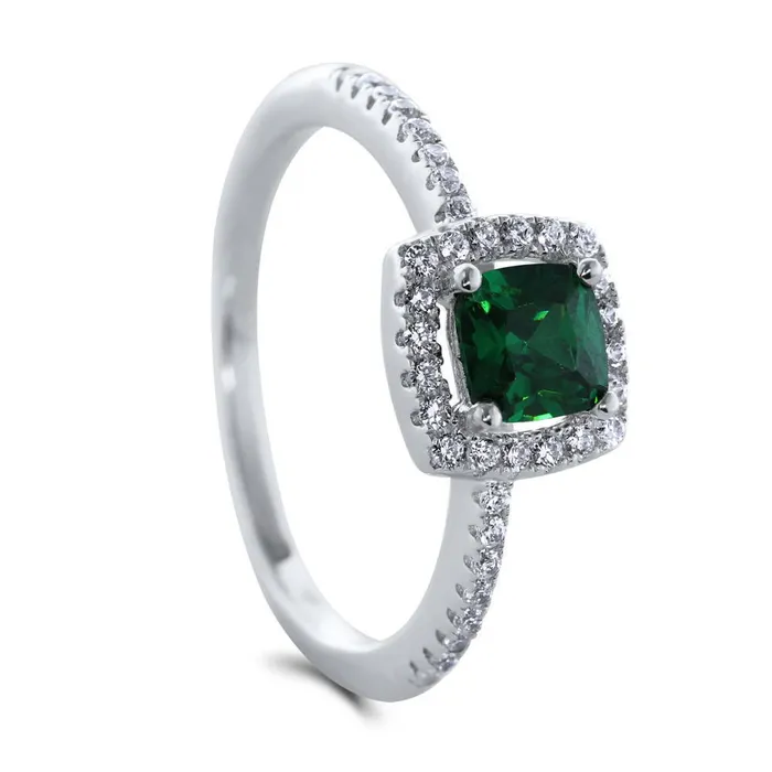 Halo Simulated Emerald Cushion CZ Ring in Sterling Silver BERRICLE Rings