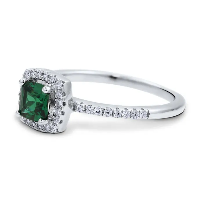 Halo Simulated Emerald Cushion CZ Ring in Sterling Silver BERRICLE Rings