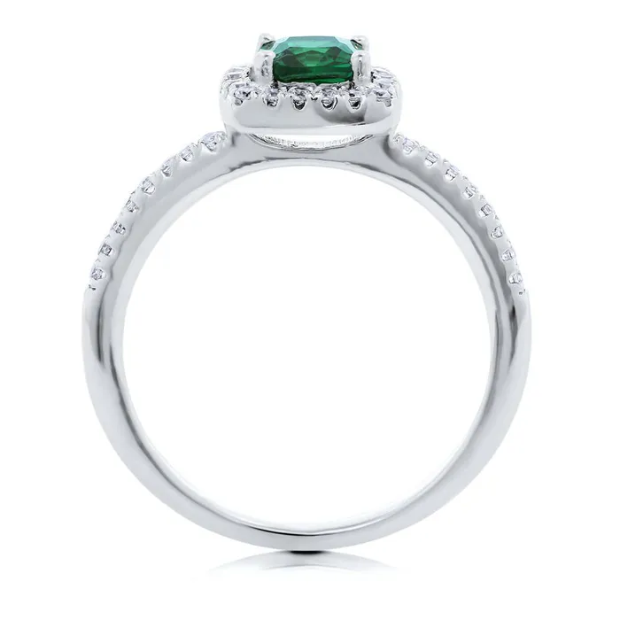 Halo Simulated Emerald Cushion CZ Ring in Sterling Silver BERRICLE Rings