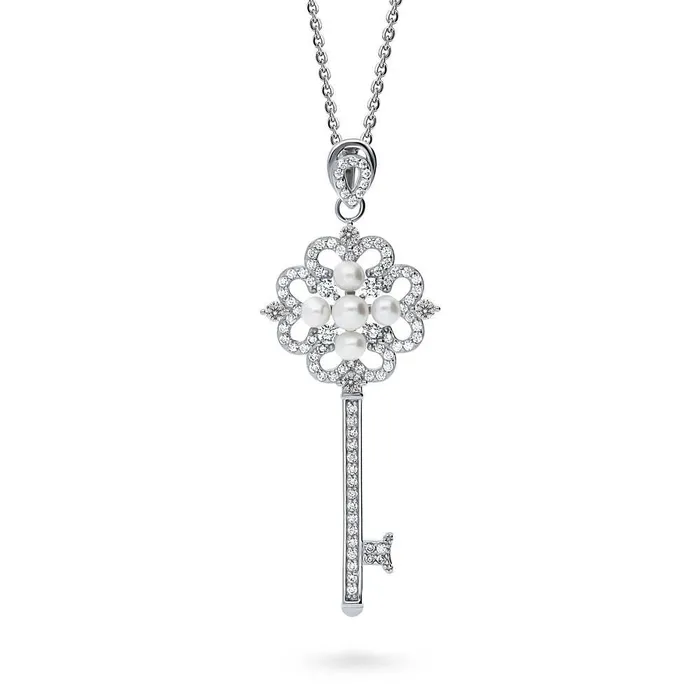 Key Flower Button Cultured Pearl Necklace in Sterling Silver BERRICLE Necklaces Key Flower Button Cultured Pearl Necklace in Sterling Silver BERRICLE Necklaces