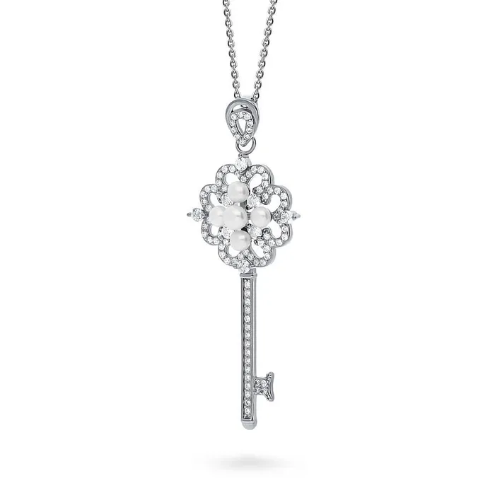 Key Flower Button Cultured Pearl Necklace in Sterling Silver BERRICLE Necklaces