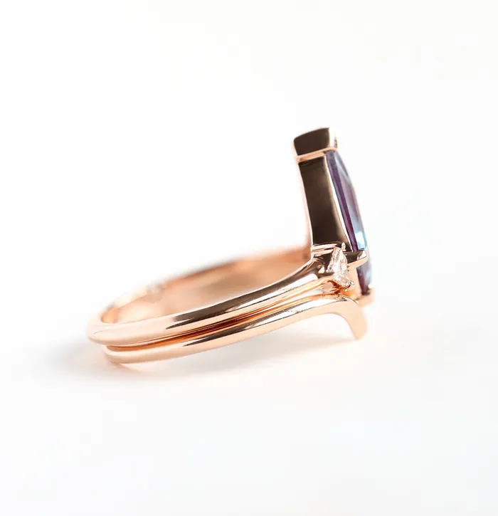 Kite Alexandrite Ring Set With Chevron Band Three Stone Engagement Ring Set Capucinne Rings