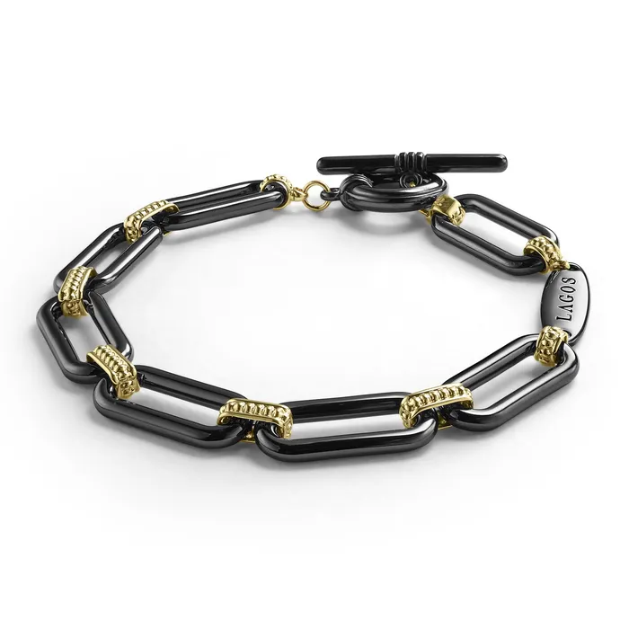 LAGOS Bracelets Signature Caviar 18K Gold and Black Ceramic Link Bracelet 9mm LAGOS Bracelets Signature Caviar 18K Gold and Black Ceramic Link Bracelet 9mm
